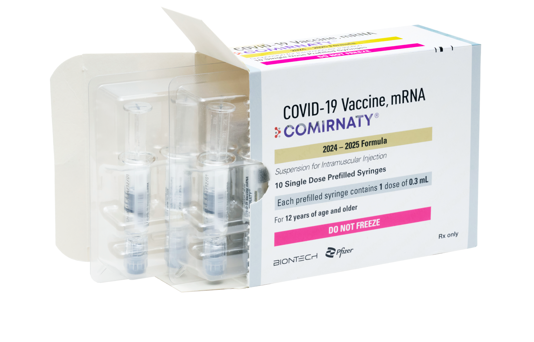 COMIRNATY® (COVID-19 Vaccine, mRNA) packaging and glass prefilled syringes